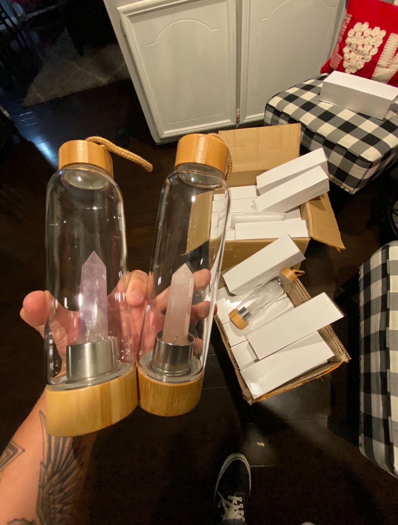 Clear Quartz -  Water Bottle With Bamboo Caps. Brand New 