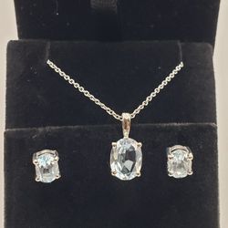 2.54 CT Blue Topaz Sterling Silver Pendant 18" Chain  & Earrings