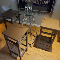 Glass Top Table And 3 Wooden Stools