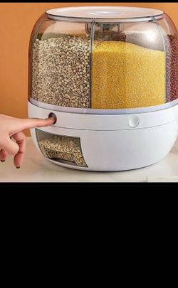 ROTATING RICE DISPENSER-6 compartment moisture proof push button 1 cup dispensing rice/beans/oatmeal or pet food 20 pounds NEW CONDITION FIRM PRICE