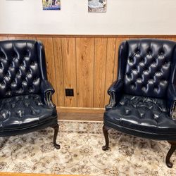 Set Of 2 Vintage Blue Tufted Leather Chairs