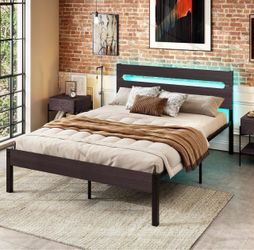 Full size LED Bed Frame with Charging Station, Rustic Metal Platform Bed