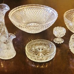 7 Heirloom Antique Cut Glass Bowls, Pitcher And Cup