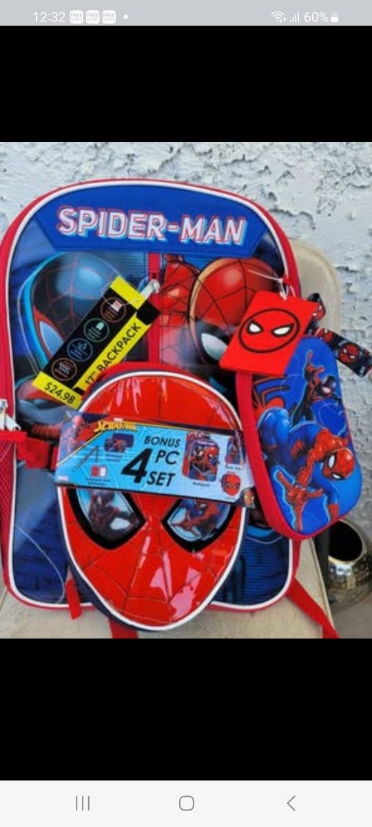 4 piece Spiderman backpack, lunch box new with tags
