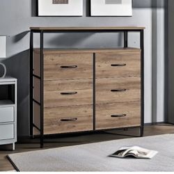 Fabric Dresser for Bedroom with 6 Drawers, Dresser TV Stand with Open Shelves, Chest of Drawers for Closet, Clothes, Wood Top, Fabric Drawers