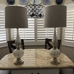 Set Of Two Tall Mercury, Glass Lamps With Shades