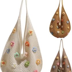 Women's Boho Embroidery Crossbody Bag Hollow Out Crochet Knit Shoulder Bag Tote Handbag