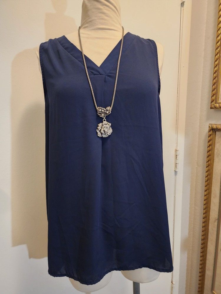 Pleione Women's Tunic V-Neck Sleeveless Top Blouse Dark Blue Rar Keyhole Size S