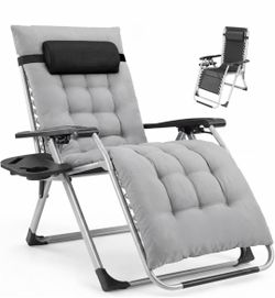 Chair, Folding Patio Recliner with Cup Holder Trays Portable Lounge Chair with Removable Cushion for Beach & Camping, Classic Grey