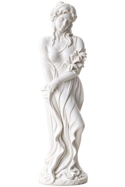49’ White matte finish classical sculpture of a draped female figure holding lily flowers. Finely detailed with flowing robes and curled hair, Great f
