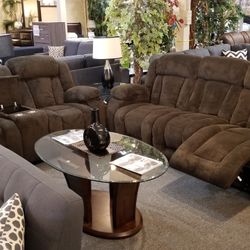 Brand New Brown Padded Suede Manual Reclining Sofa + Loveseat With Cup Holders