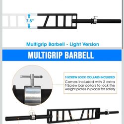 Multi Grip Barbell & Cable Attachment - Swiss Bar, American Bar for Greater Range of Motion, with 2 Collars, Fits Olympic Weight Plates - Home Gym & S