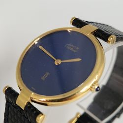 Vintage Must de Cartier 30MM Blue Dial Quartz Watch 925 Sterling Silver Gold Plated Swiss Made