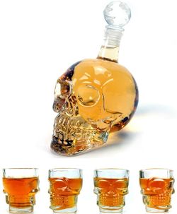 Wine Decanter Set Skull Carafe with Stopper, Set of 5 (1 Large Skull Face Decanter with 4 Skull Shot Glasses)