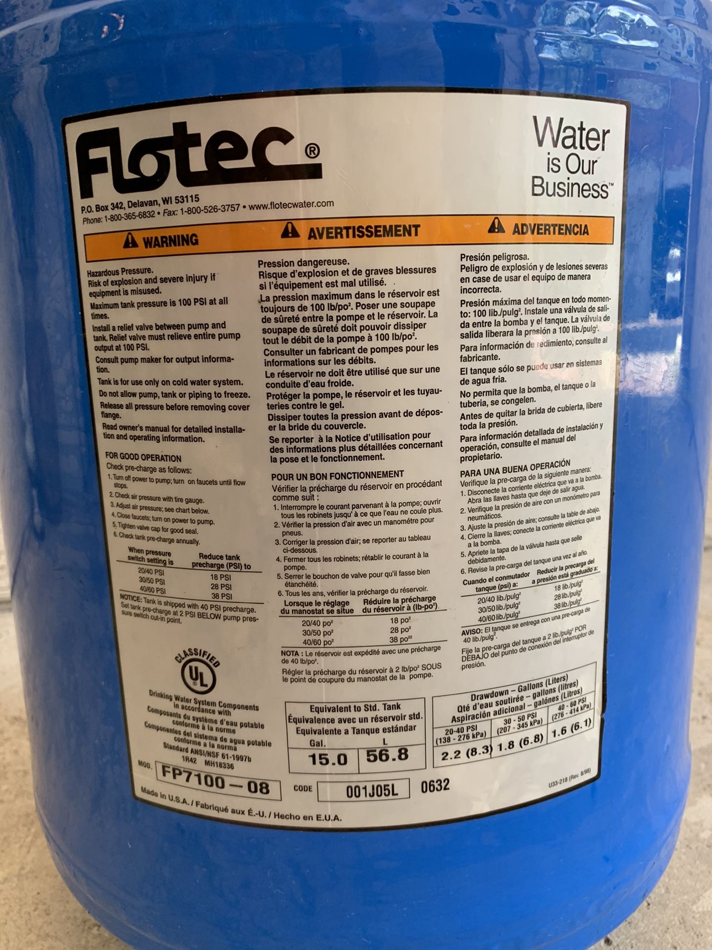 Flotec Water Pressure Tank FP7100-08