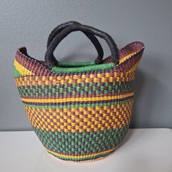 Handwoven African Bolga Style Basket U Shopper Elephant Grass Leather