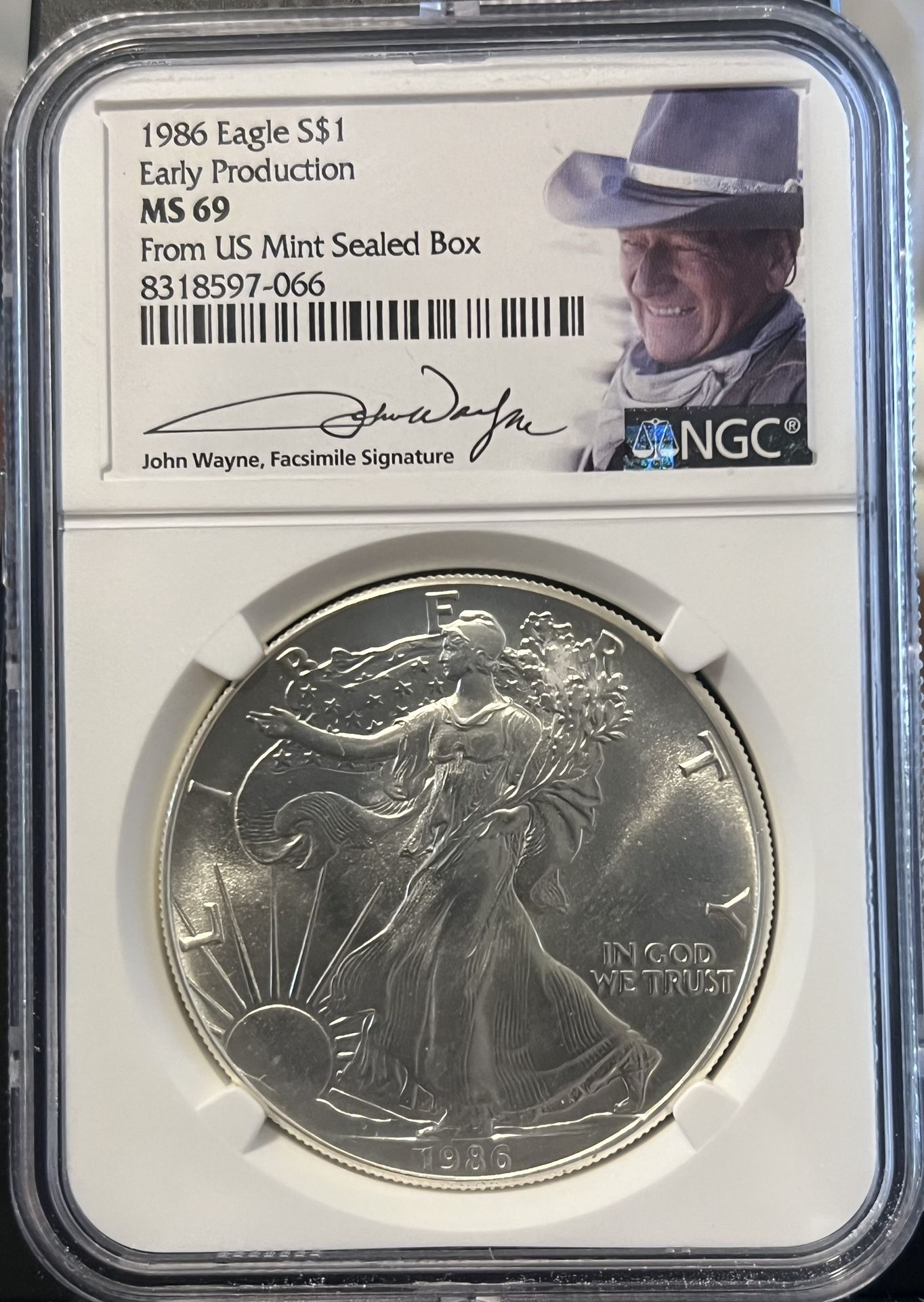 1986 American Silver Eagle • First Year of Issue Philadelphia Mint • RARE US Mint Sealed Box, Early Production, John Wayne Signed Label • NGC MS69