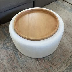 White Bouclé Storage Ottoman / Coffee Table w/ Wood Top – $80 OBO