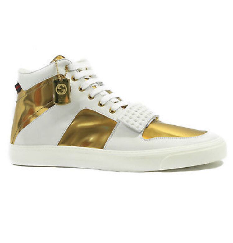 GUCCI 376195 Men's Limited Edition High Top Sneaker, White/Gold