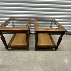 3 pc matching Vintage Wood / Rattan Bottom Side Tables