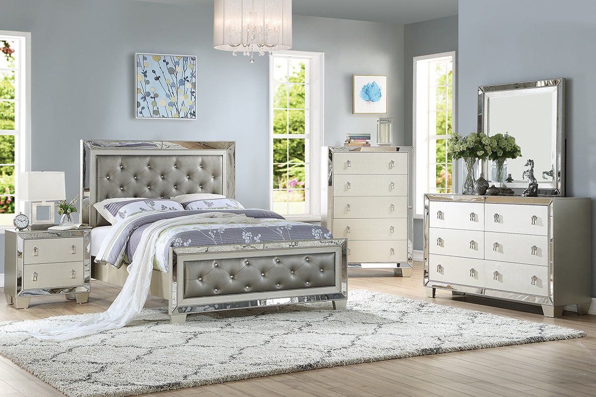 Brand new mirrored silver queen bedframe + dresser + mirror + nightstand 4PCs bedroom set