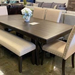 Rokane Brown Rectangular Dining Set 6-Piece (Table+4 Chairs+Bench)📌In Stock💳Financing Options