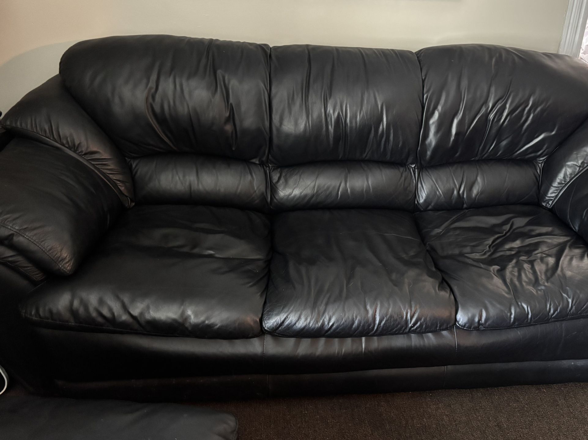 Genuine Supple Black Leather Couch, Chair & Ottoman