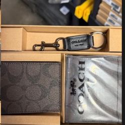 NIB Coach Men's Gift Set - Brown Signature Canvas Wallet & Keychain
