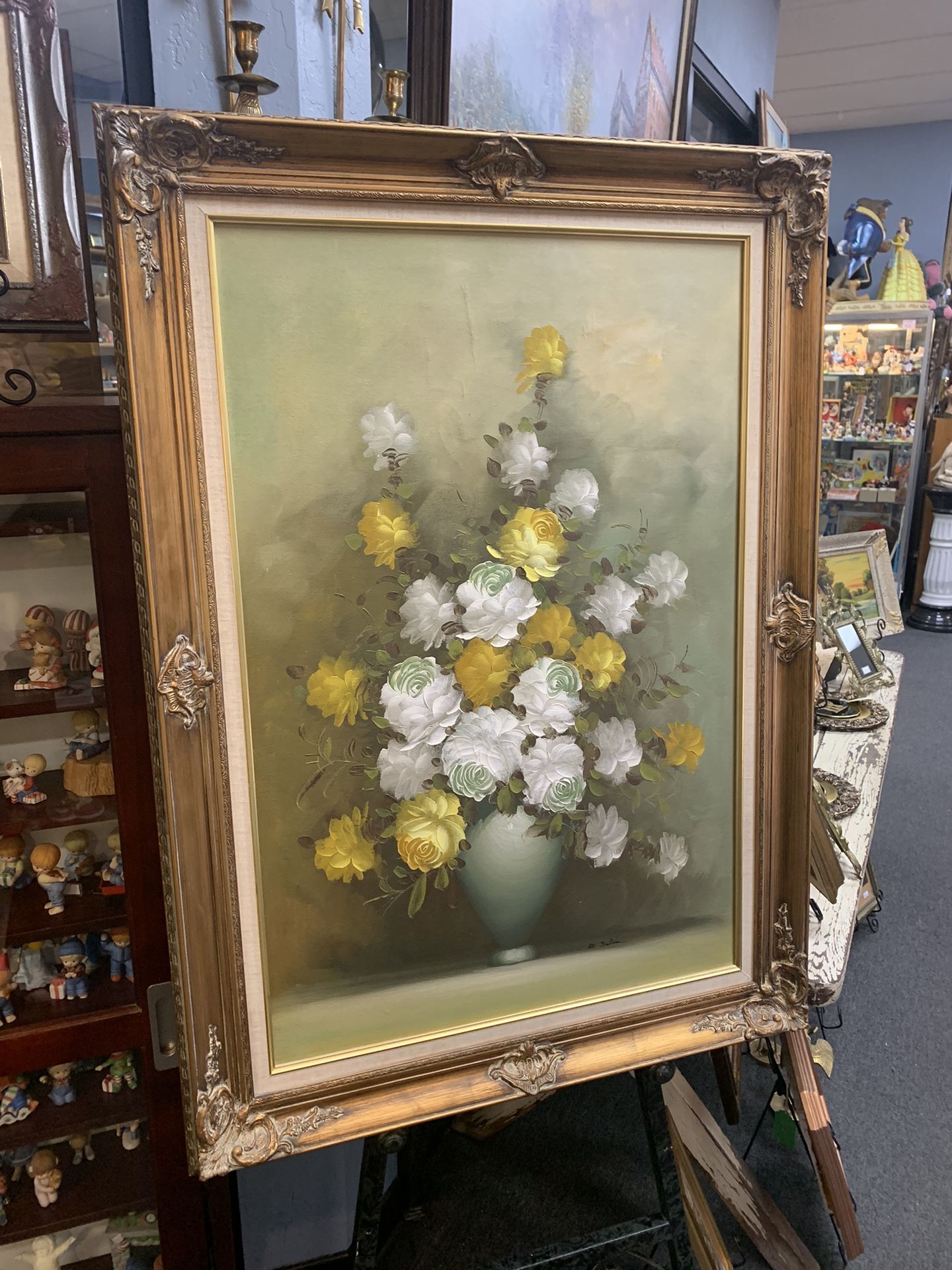 Large Vintage Yellow Floral Still Life Canvas Signed Painting