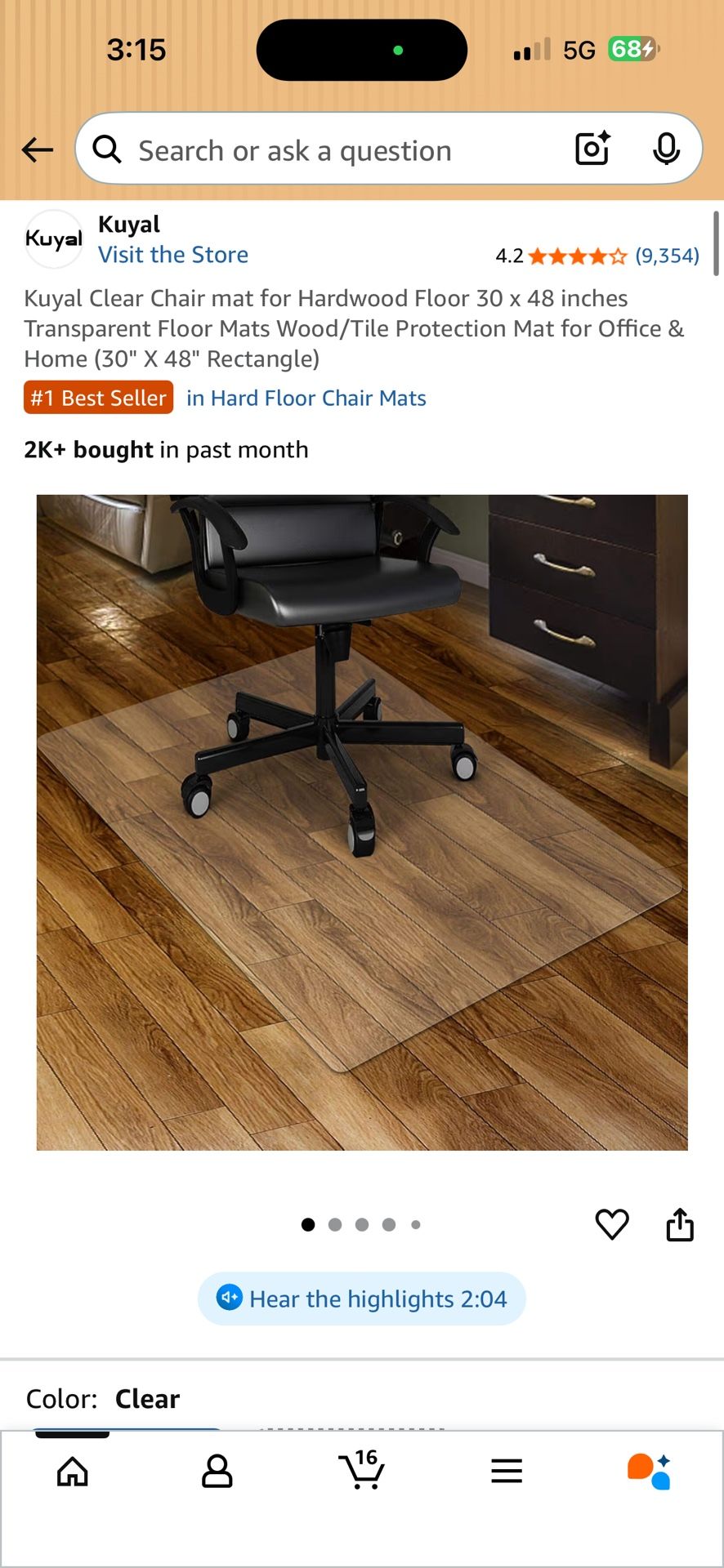 Brand New 30 x 48 Clear Chair Mat For Hard Floors