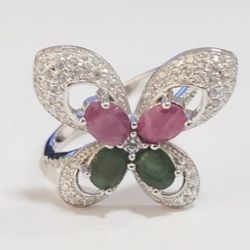 Silver Ruby Emerald Ring