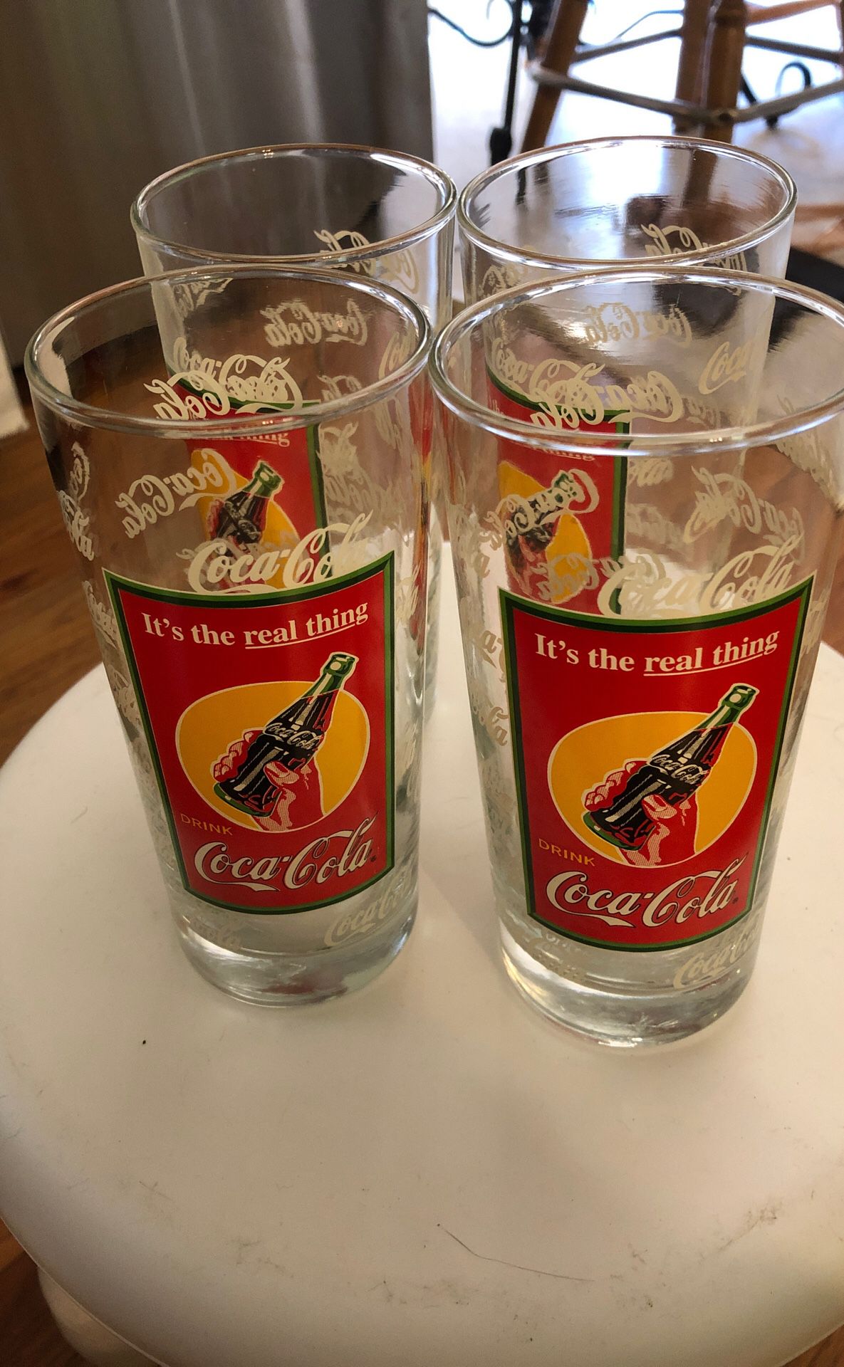 Set of 4 Coca Cola collectible glasses with aluminum tin