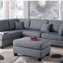 Brand New Grey Linen Sectional Sofa +Ottoman (New In Box) 