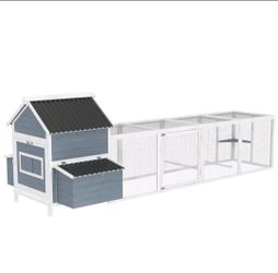 PawHut 156" Extra Large Wooden Chicken Coop with 2 Nesting Box, Run Cage, Waterproof Wave Roof, for 10-15 Chickens, Light Gray