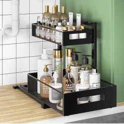 Metal Under Sink Organizers and Storage, Adjustable Under Cabinet Organizer Shelf Heavy Duty, Multi-Purpose Smoothly Pull-Out Storage Organizer for Ba