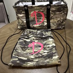 Camouflage Thirty One Large Utility Tote AND Matching String Backpack w/front Pocket