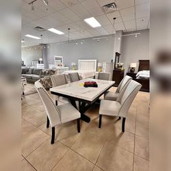7 Pieces White Color Dining Table Set With Faux Marble Top