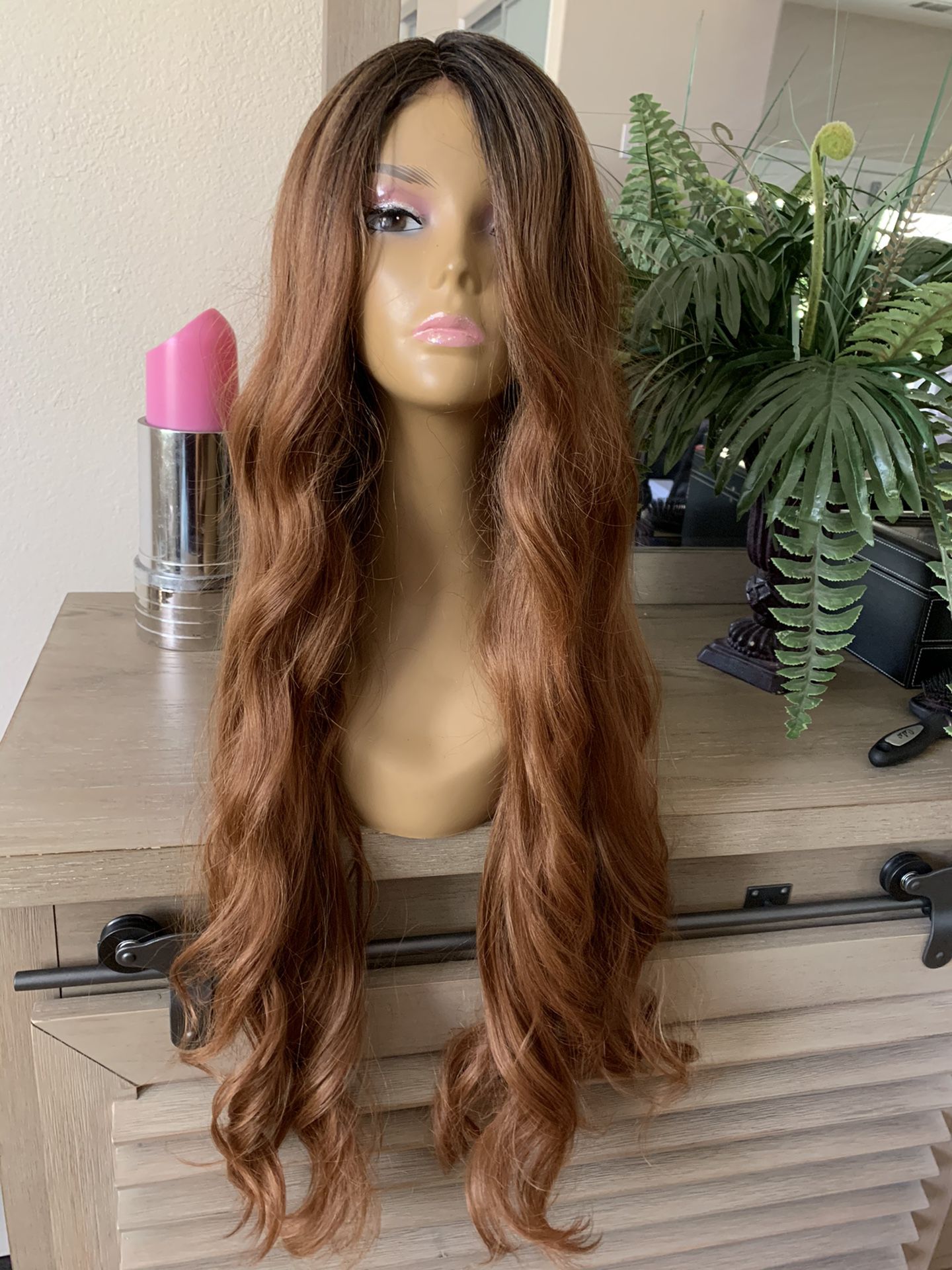 BROWN OMBRÉ WAVY LACE FRONT LONG CURLY WIG