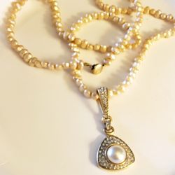 Designer Swarovski Signed Faux Pearl And Rhinestone Pendant Neckkace