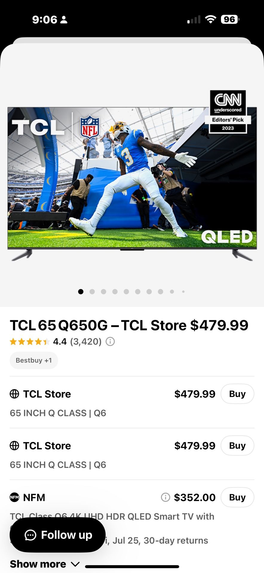 65β TCL QLED 4K Smart TV with Wall Mount β Like New