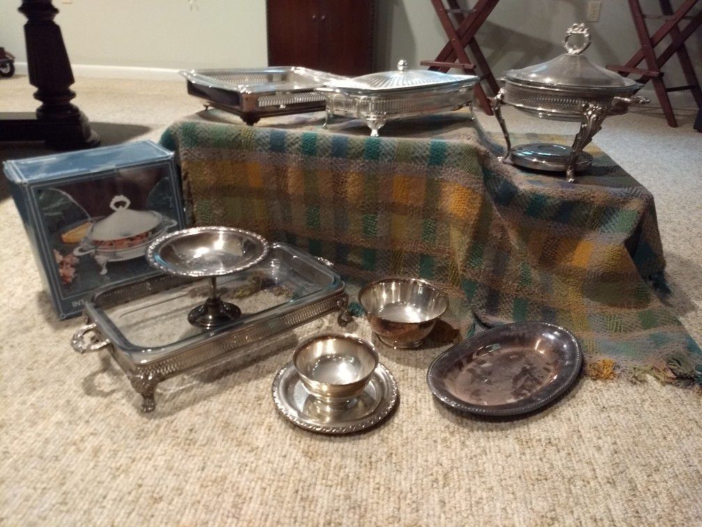 Silver plate serving dishes, casseroles, warmers