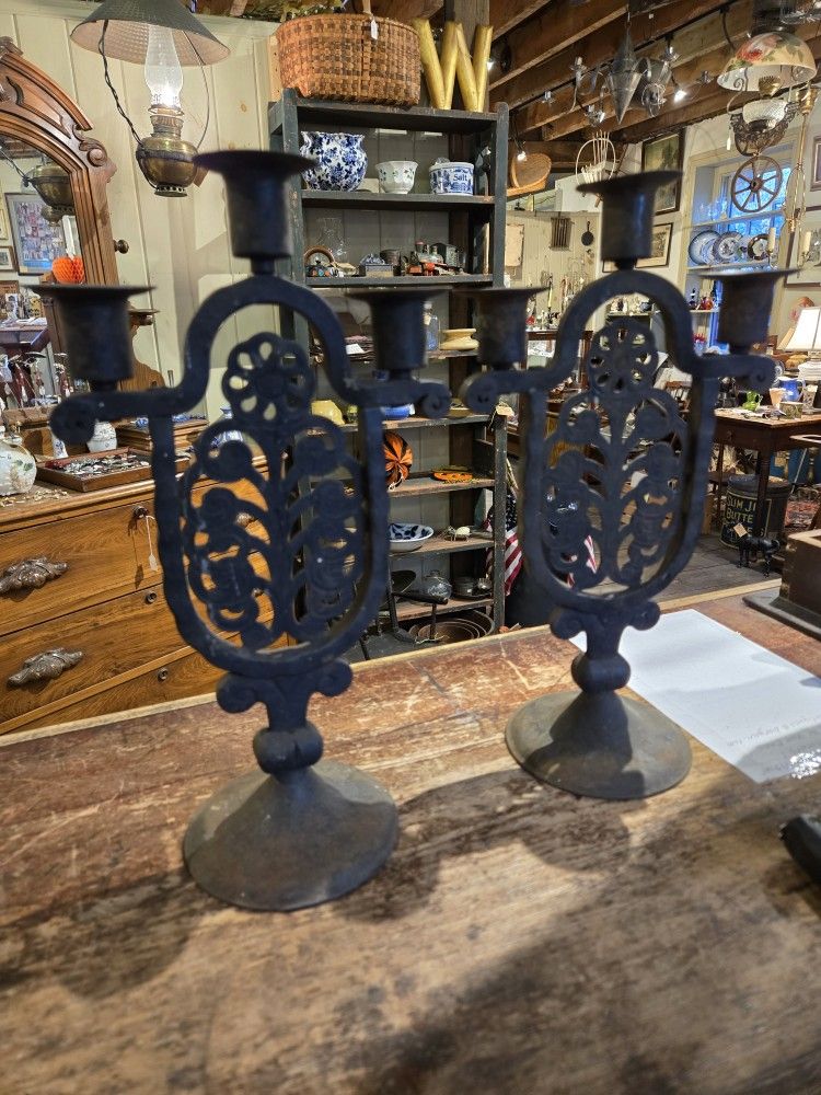 Pair Of Vintage Cast Iron Candlelabra German?