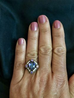Amethyst Topaz Silver & Bronze Teardrop Antique Style Artisan Purple Ring Size 5 Sizable
