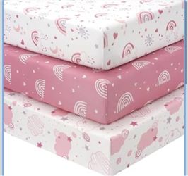 Pack and Play Sheets Fitted, Mini Crib Sheets Girl 38” x 26” 3-Pack