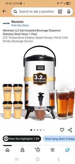 3.2 Gal Insulated Beverage Dispenser Stainless Steel Silver 1 Pack LCD Temperature Display; Spigot Design; Hot & Cold Drinks; Beverage Service
