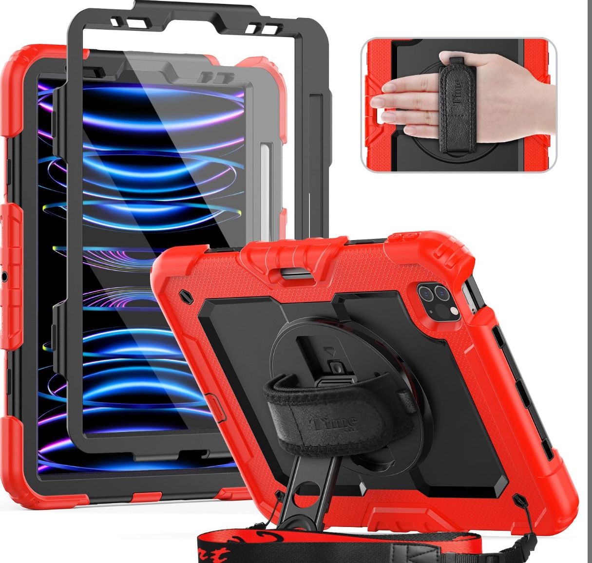 Timecity Heavy Duty Protective Case For IPad Pro 11 Inch, Screen Protector, Swivel Stand, Hand/Shoulder Strap, Pencil Holder - Red