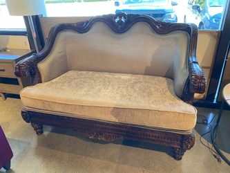 Victorian Multi Colored Loveseat with Carved Wood Frame