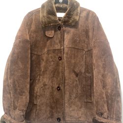 Jones NY Brown Suede Leather Faux Fur Lined Bomber Jacket Mens Size M Vintage
