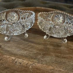 Vintage Rare Crystal Bonbon Dish -MADE IN POLAND - Cut  Footed Glass Candy Bob Bon Dish Set of 2