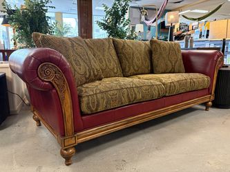 ETHAN ALLEN Maroon Carved Roll Arm Sofa w/ Paisley Cushions
